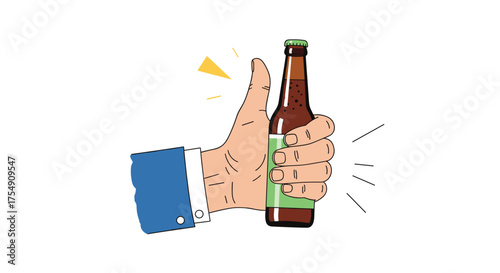 A hand gives a thumbs up while holding a bottle of beer.