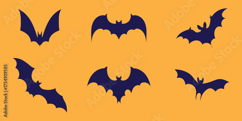 Halloween bat set in silhouette style. Hanging and flying cartoon bats with scary and cute elements. Isolated vector illustration for spooky autumn celebrations.