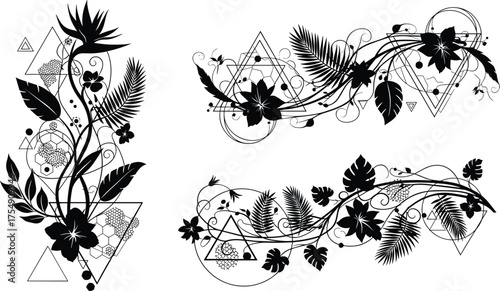 Black floral vector illustration, symmetrical botanical artwork with bird-of-paradise, tropical flowers, vines, triangle and circle geometric shapes, decorative nature design