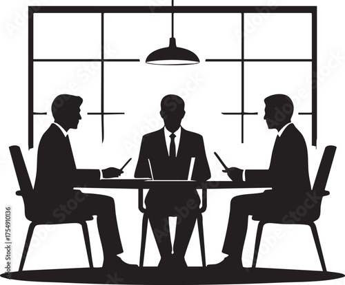 Three businessmen in silhouette meeting around a table