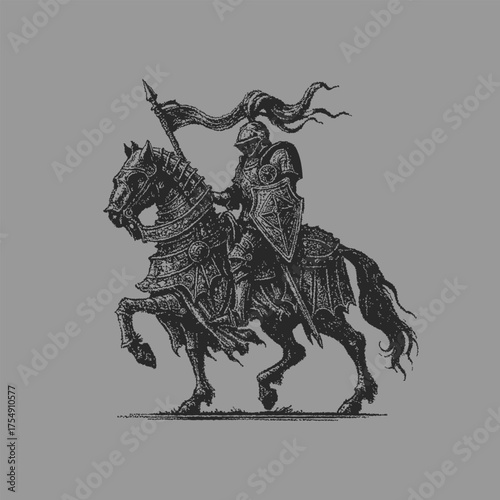 Hand-Drawn Dark Fantasy Art of a Brave Armored Knight on War Horse Holding a Battle Flag
