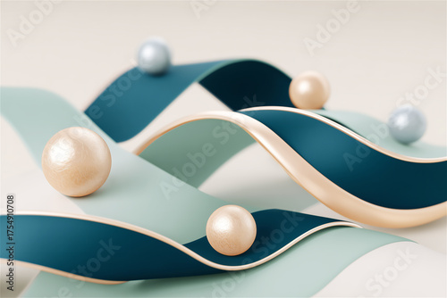 Abstract composition with wavy shapes and metallic pearls, concept of balance, elegance and modern art with copy space.