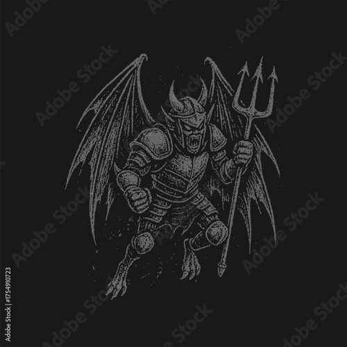 Gothic Hand-Drawn Artwork of a Winged Devil Warrior with Armor and Trident Sword