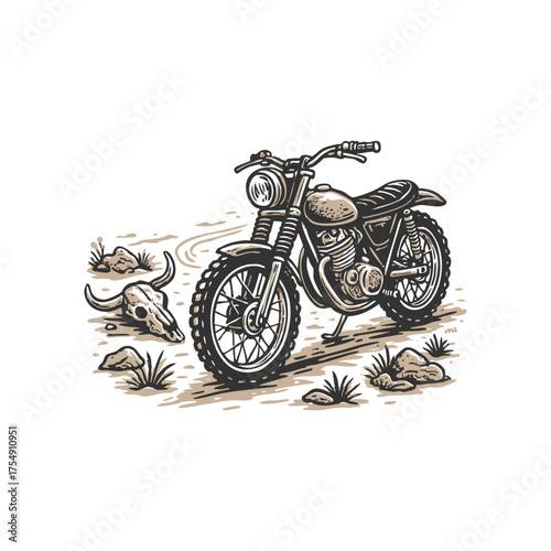 Hand-Drawn Vintage Vector Artwork of Motorbikes on Desert Sand Dunes