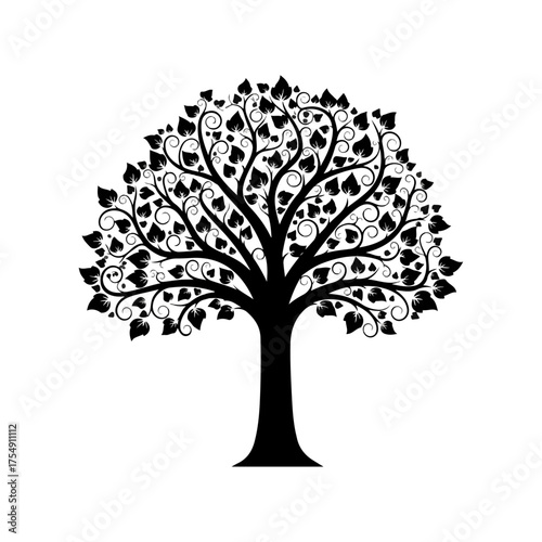 Stylized Black Silhouette of a Tree with Intricate Leaf Patterns.