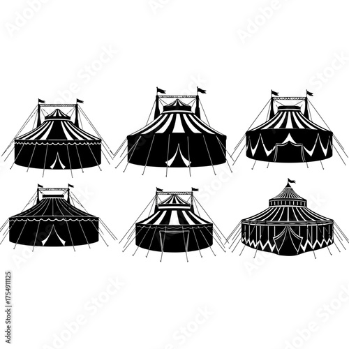Set of six vintage circus tents in black and white silhouette, ready for a grand show.