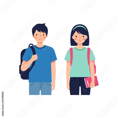 Two happy young students with backpacks ready for school.
