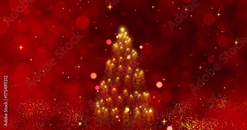 A Charming Animation Featuring a Golden Christmas Tree Surrounded by Elegant Red Snowflakes and a Sparkling Background of Festive Cheer and Joyful Spirit