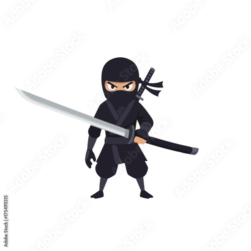 Cartoon Ninja Warrior Ready for Action with Katana Sword.