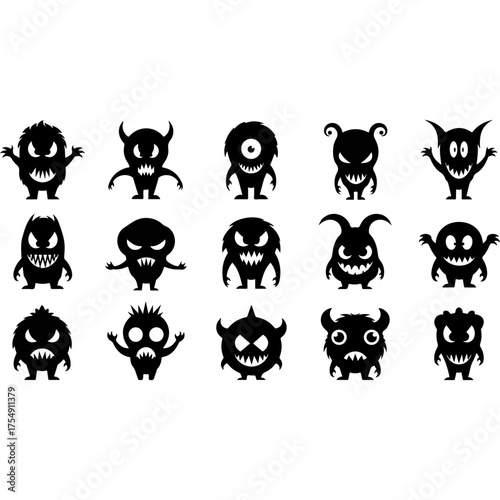 Collection of Cute and Spooky Cartoon Monster Silhouettes for Halloween.