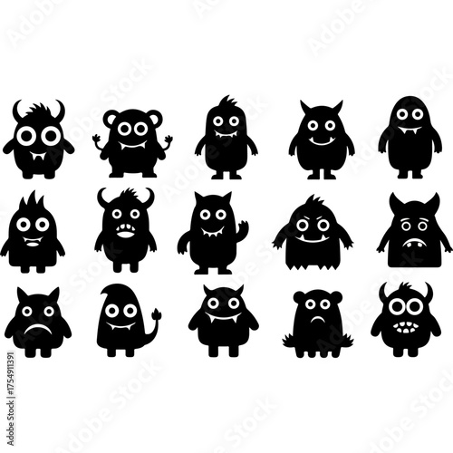 Collection of Silhouetted Cute and Spooky Cartoon Monsters.