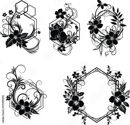 Floral frame vector, botanical border design, hexagon flower silhouette, decorative wreath art, elegant black outline, nature-inspired graphic element