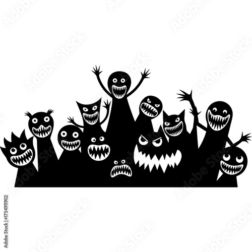 A terrifying crowd of black silhouette monster characters with scary smiles.