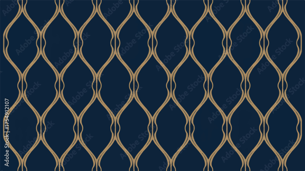 Naklejka premium Elegant Dark Blue Background with Intertwined Golden Wavy Lines Pattern texture seamless