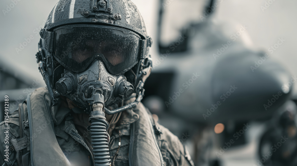 Fototapeta premium Fighter pilot in full gear stands strong before military jet at airbase