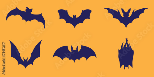 Set of bat silhouettes. Collection of flying and hanging bats for Halloween, gothic, and horror designs.