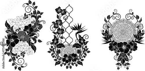 Floral vector design, circular botanical motif, symmetrical flower illustration, bird and vine artwork, black and white ornament, nature inspired tattoo style