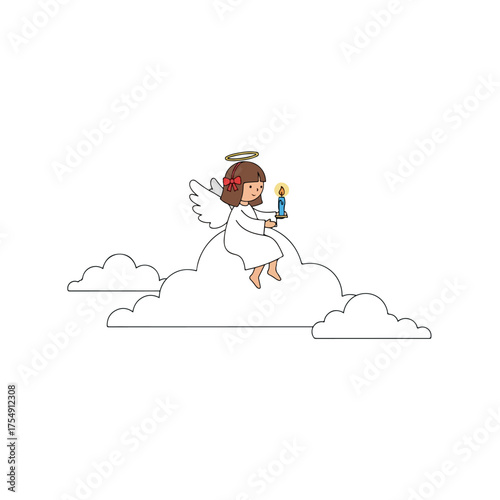 Cute cartoon angel girl with halo and wings sitting on a cloud.
