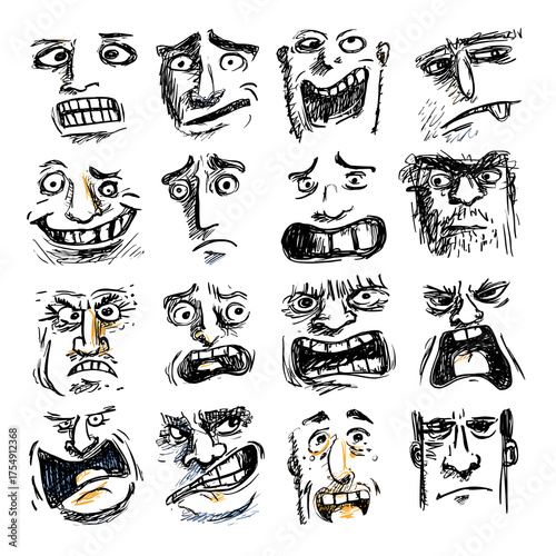 Collection of expressive cartoon faces, hand-drawn sketch style, isolated on white background. Concept of emotions and character reactions