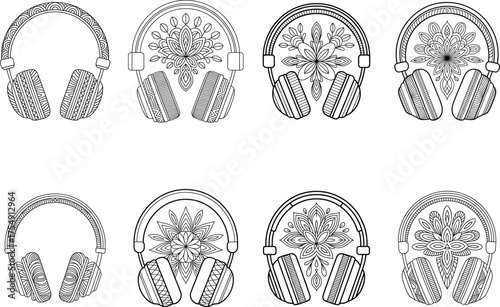 Decorative headphones collection in black and white outlines with floral and geometric patterns