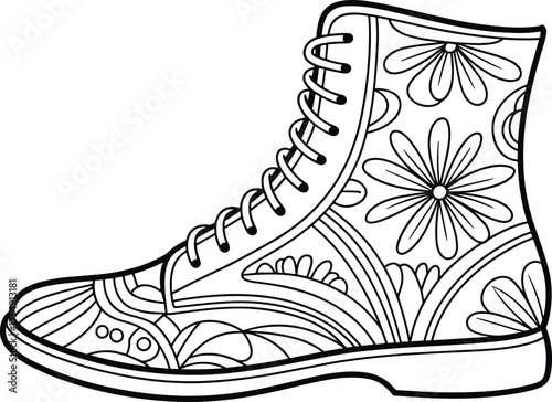 Detailed line art illustration of a decorated combat boot for adult coloring books