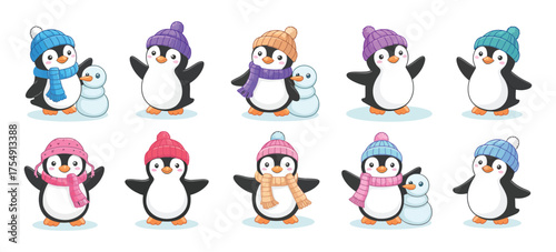 Bundle of adorable penguins wearing colorful winter clothing and hats, isolated on white background, funny cartoon arctic animals set in flat childish vector illustration style.