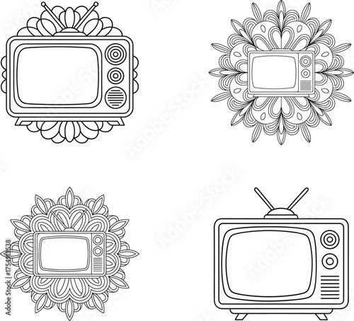 Retro television set designs surrounded by intricate floral mandala line art for coloring.