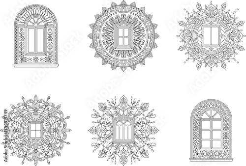 Decorative window illustrations in a variety of ornate mandala and floral style designs for graphic projects