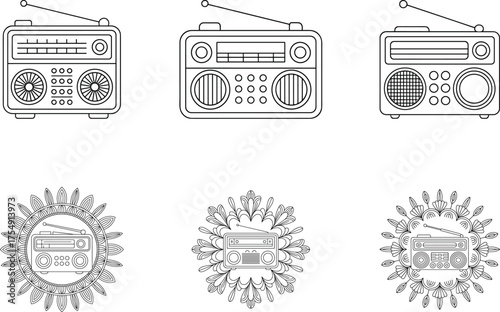 Line art illustrations of vintage radios and floral mandala designs black and white graphics
