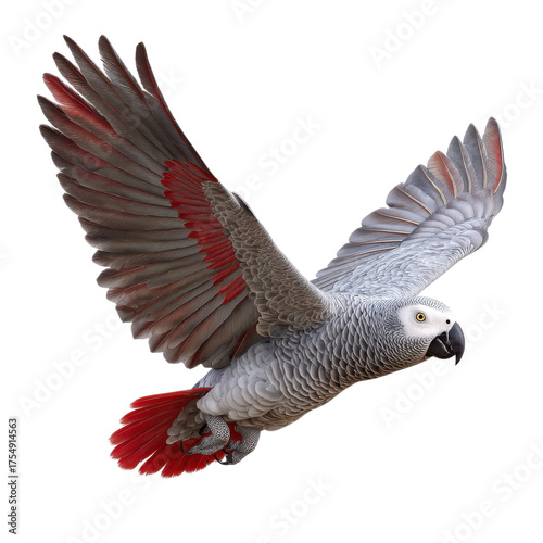 Grey parrot flying with outstretched wings