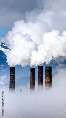 Smokestacks spewing pollution into the sky with mountain backdrop