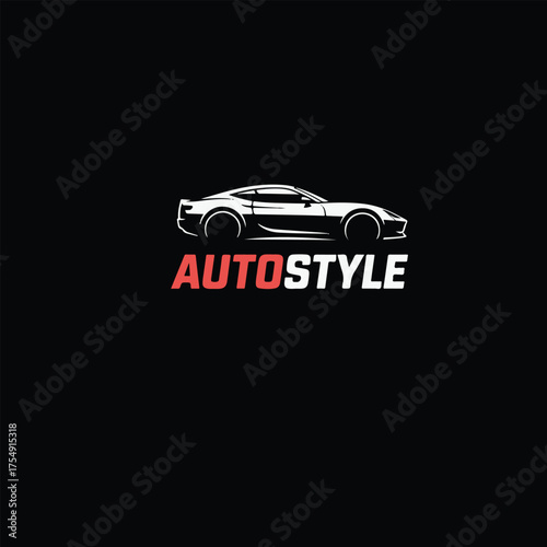 Modern Sports Car Logo with AUTOSTYLE Text on Black Background,Clean Vector Auto Style Logo for Automotive Services and Branding,Minimalist Car Silhouette Logo Design - AUTOSTYLE in Red and Grey.
