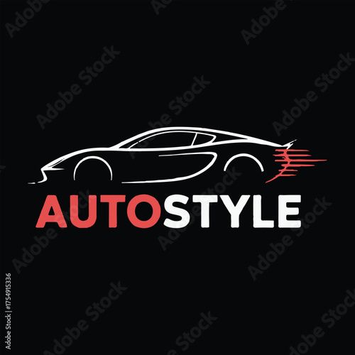 Modern Sports Car Logo with AUTOSTYLE Text on Black Background,Clean Vector Auto Style Logo for Automotive Services and Branding,Minimalist Car Silhouette Logo Design - AUTOSTYLE in Red and Grey.
