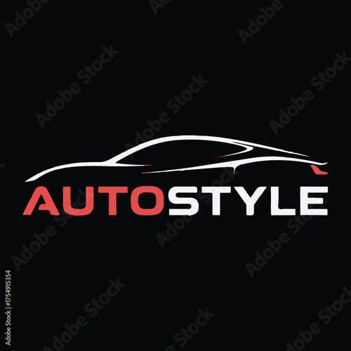 Modern Sports Car Logo with AUTOSTYLE Text on Black Background,Clean Vector Auto Style Logo for Automotive Services and Branding,Minimalist Car Silhouette Logo Design - AUTOSTYLE in Red and Grey.
