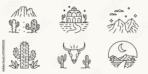 Collection of six minimalist line art illustrations featuring desert landscapes and western elements