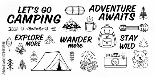 Let s go camping adventure awaits explore more wander more stay wild hand drawn elements
