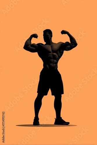 Strong Male Silhouette Flexing Muscles Against Simple Orange Background for Fitness Themes