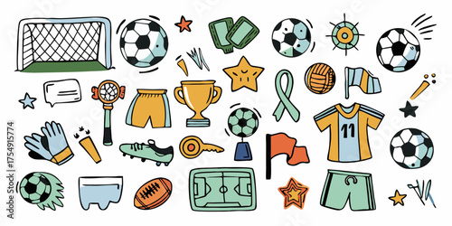 Collection of hand drawn soccer football elements and sports icons for game day celebration