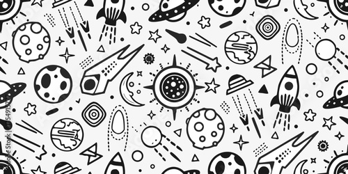Whimsical hand drawn black and white space pattern with rockets planets moons and stars