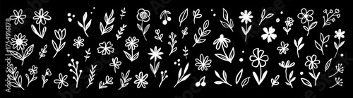 Hand drawn floral brush vector illustration with abstract leaves and flowers