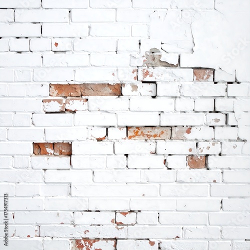 White brick wall with weathered and peeling paint revealing textured rustic brick underneath, a close-up architectural detail