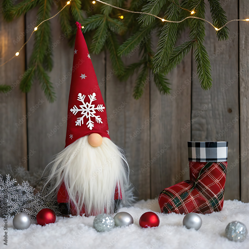Obraz premium Festive christmas gnome with snowflake hat and tartan stocking on snowy wood background