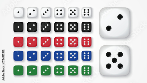 Colorful Dice Set Vector – Realistic 3D Dice Collection in White, Black, Red, Blue, and Green for Gambling, Casino, Game, Board Game and Luck Design Concepts