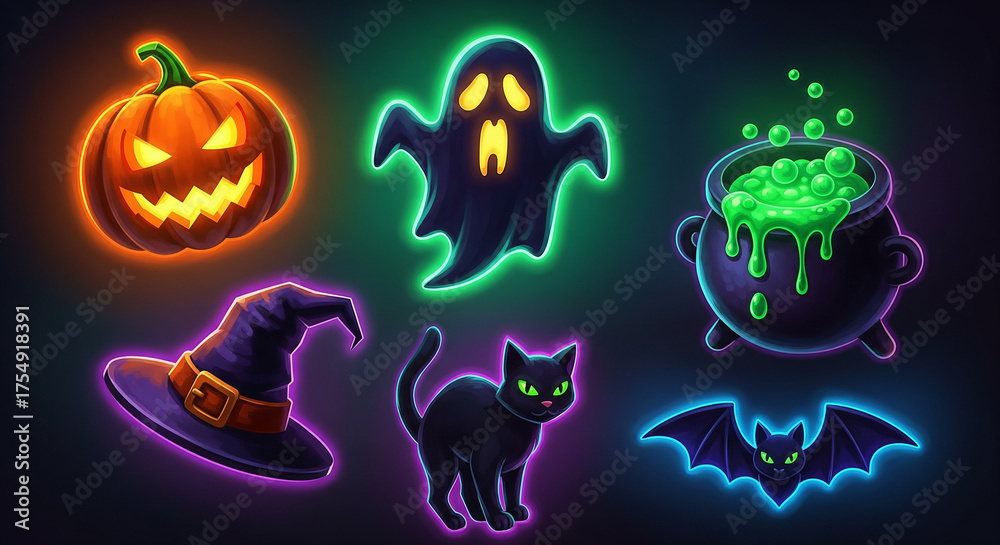 Fototapeta premium Halloween Icons Set Glowing Neon Style.