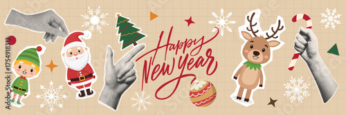 Holiday collage composition with Christmas items and hands. Contemporary Christmas background banner. Dods. Vector EPS10