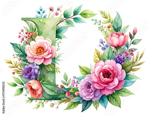 Elegant watercolor floral letter I monogram, beautifully decorated with a wreath of pink and purple roses and peonies for wedding invitations