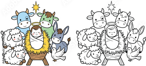 Cute Baby Jesus Nativity Scene with Animals - Christmas Celebration Coloring Page