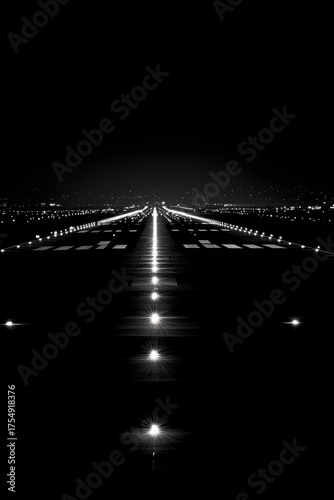 Runway Lights Illuminating Dark Sky at Night in Black and White Photography