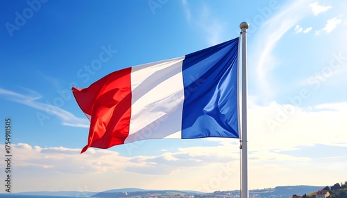 French Flag Waving in the Wind A Symbol of France Against a Bright Blue Sky