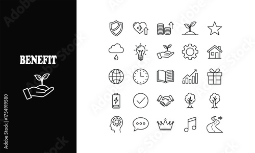 Benefit icon set displaying growth, success, and achievement in a minimalist style symbolizing business benefits and positive outcomes for presentations